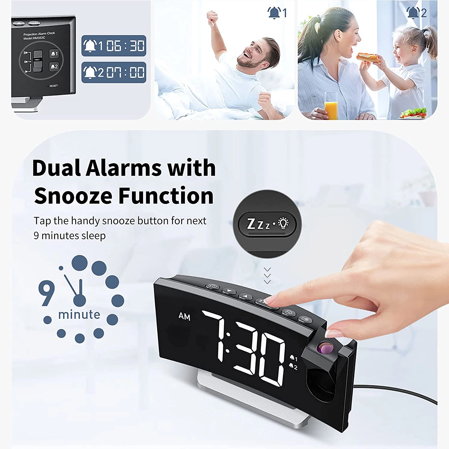 Alarm Clock Radio for Bedroom, Projection Alarm Clock with 0-100% Dimmer and FM Radio, USB Charger