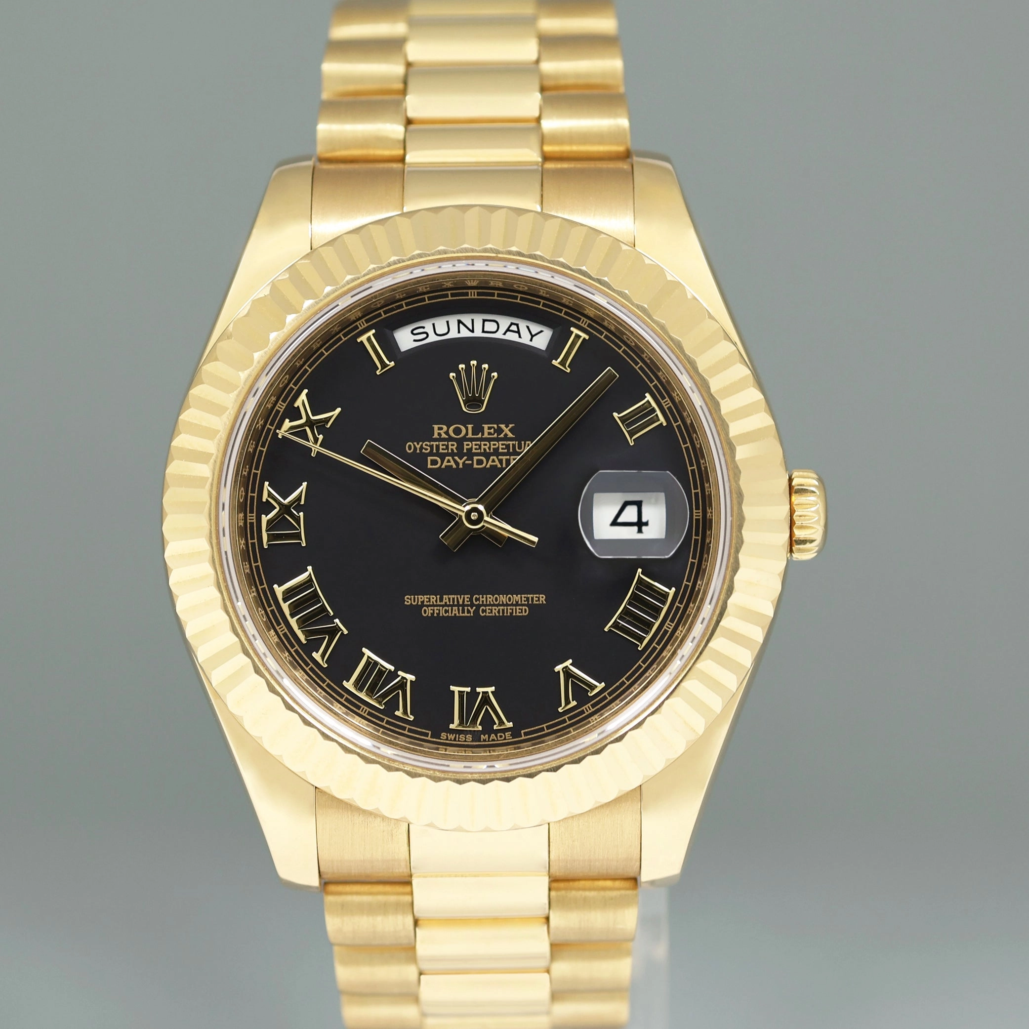 MINT PAPERS Rolex Day Date II President Yellow Gold Black Roman 41mm 218238 Watch