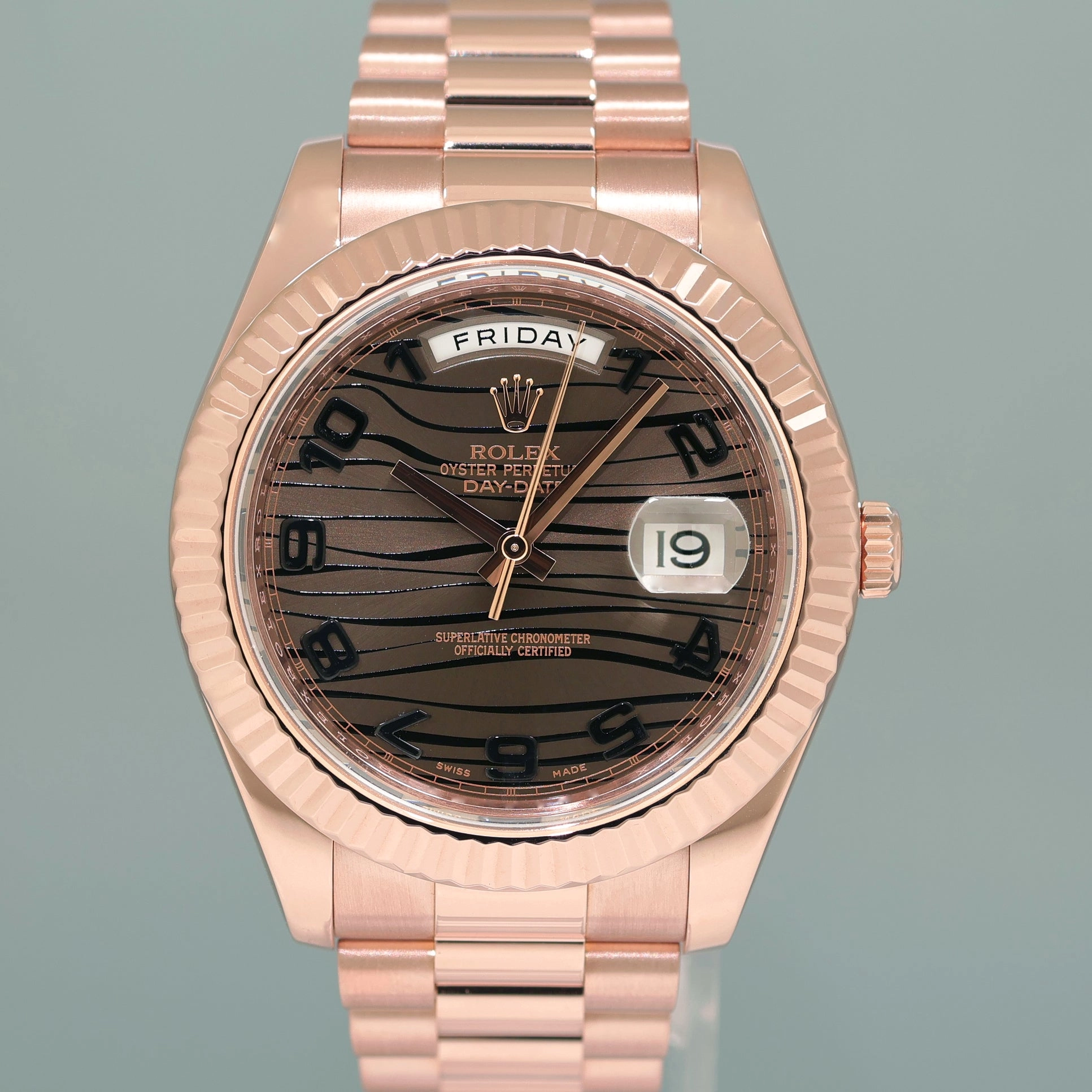 MINT Rolex Day Date II President Rose Gold Chocolate Wave 41mm 218235 Watch Box