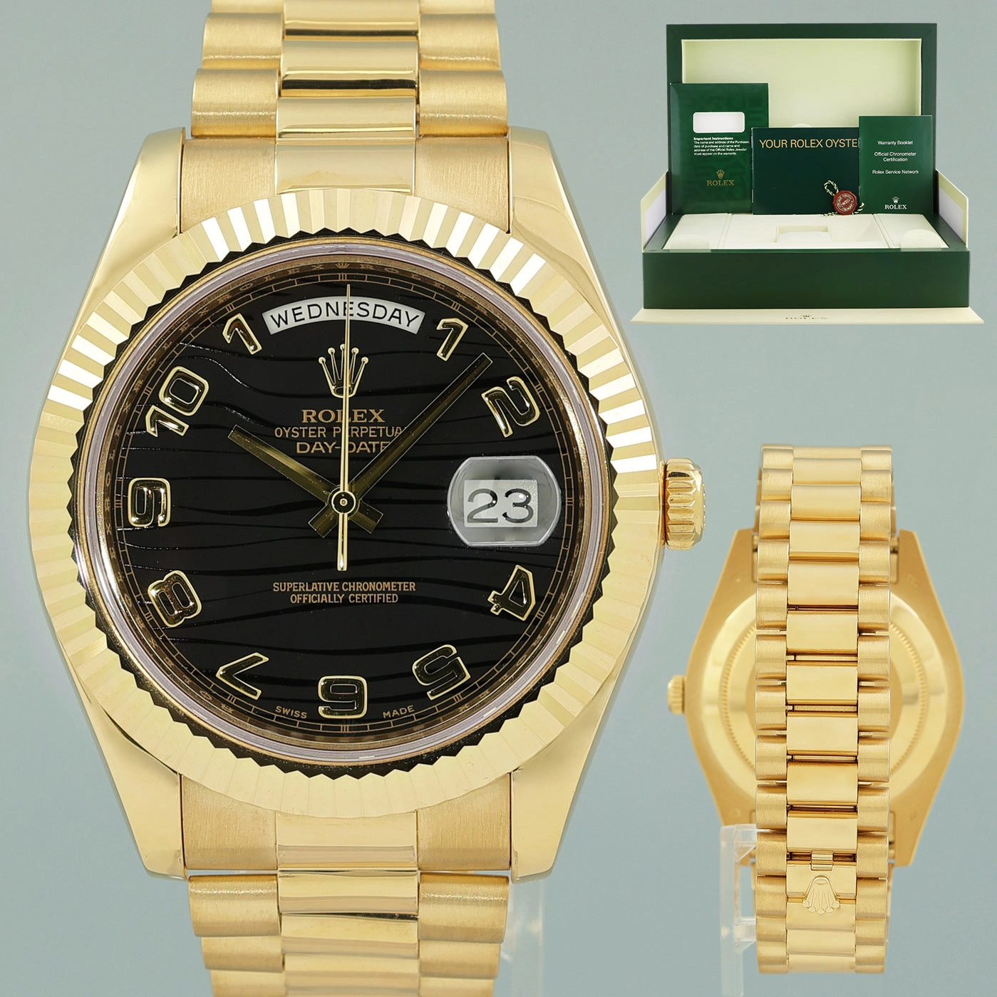MINT Rolex Day Date II President Yellow Gold Black Wave 41mm 218238 Watch Box