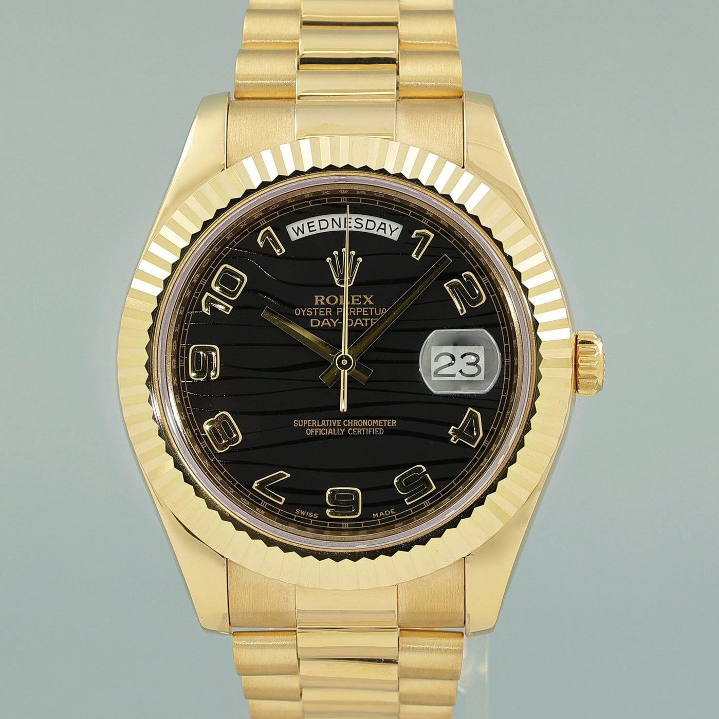 MINT Rolex Day Date II President Yellow Gold Black Wave 41mm 218238 Watch Box