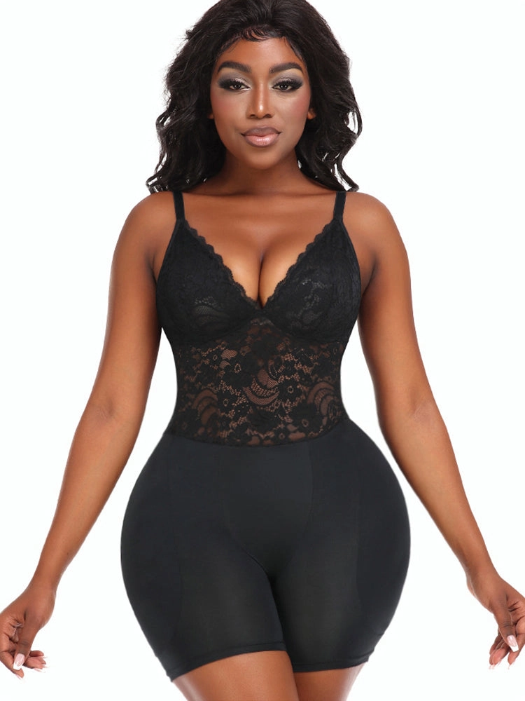 Women's Lace V Neck Corset Hip Enhancer Shapewear Bodysuit
