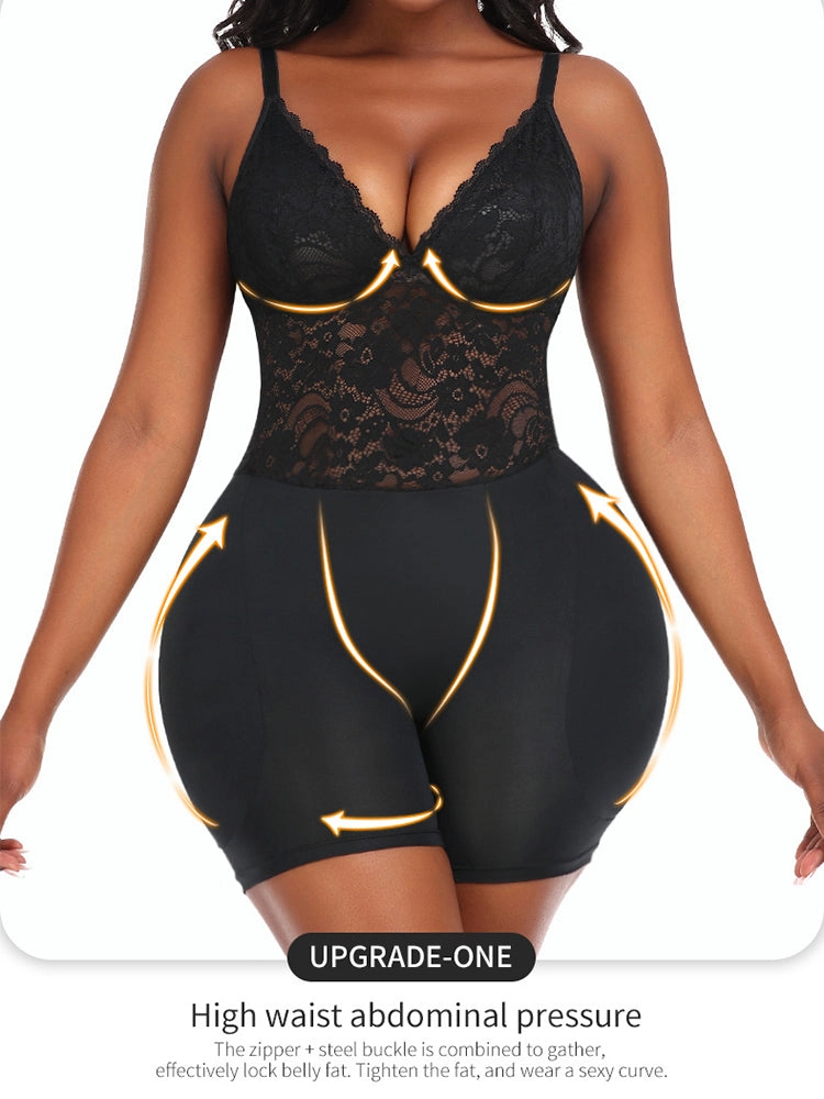 Women's Lace V Neck Corset Hip Enhancer Shapewear Bodysuit